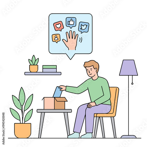 A man sits in a room receiving a package while thinking about social media.