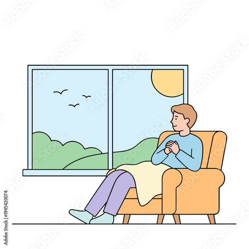Man sitting on chair by window looking outside at sunny landscape