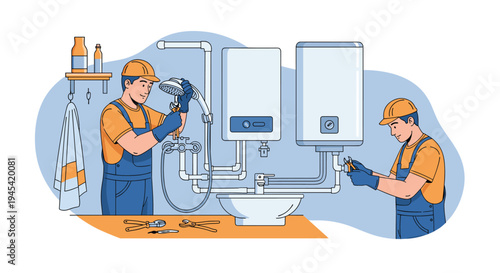 Two professional plumbers wearing orange hard hats are working on the installation and repair of a complex home water heating system.