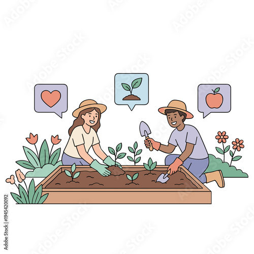 Two gardeners planting flowers and discussing gardening in a vibrant garden bed