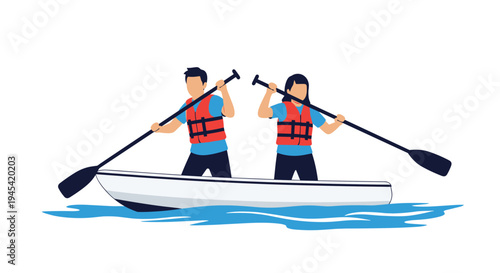 Active man and woman wearing life jackets are synchronized while rowing a small white boat across the calm blue water surface.