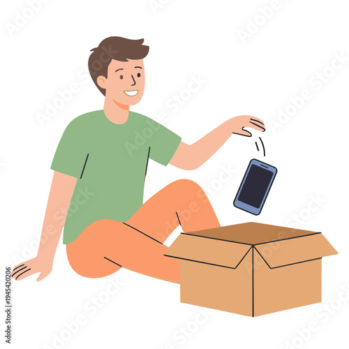 Man sitting on floor unboxing excitedly a smartphone from cardboard box
