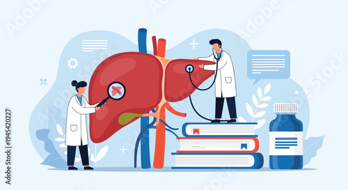 Medical professionals use a magnifying glass and stethoscope to examine a large anatomical model of a human liver for health diagnosis.