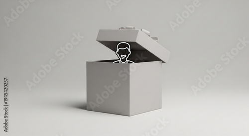 Gray box with open lid revealing a person's head outline symbolizing ideas and creativity