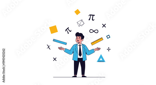Intellectual man juggling various mathematical symbols, equations, and measuring tools, representing his expertise in the field of science.