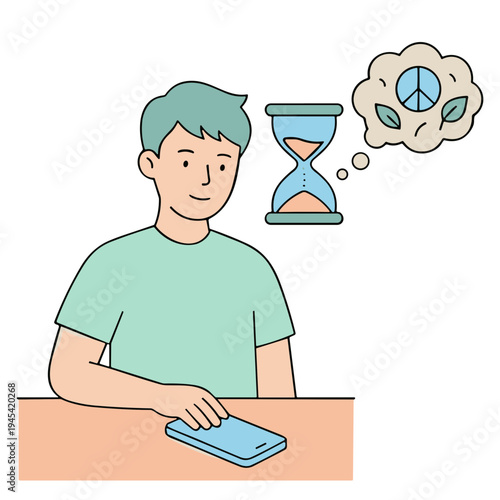 A man sits at a desk, contemplating peace on his tablet with an hourglass.