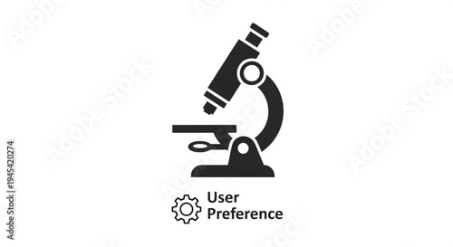 Black microscope icon with gear and user preference text on white background for science and laboratory concepts