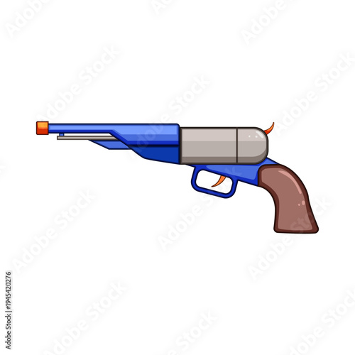 Cartoon illustration depicting a colorful toy firearm, a safe children's plaything, evoking concepts of childhood, games, and leisure activities on a white background