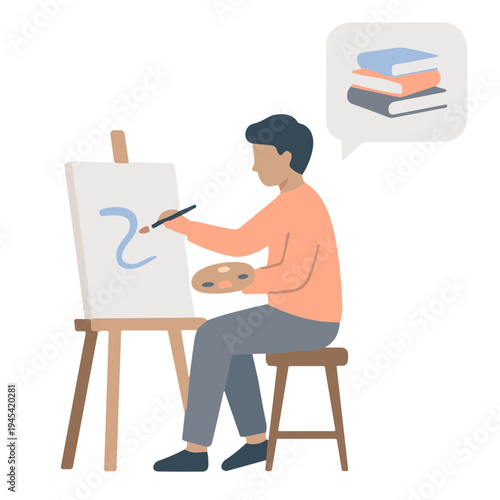A man paints on an easel while sitting on a stool indoors with books nearby.