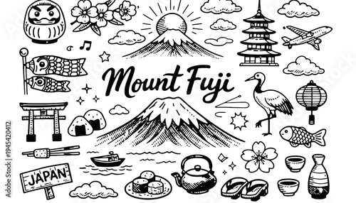 Mount Fuji vector illustration with various Japanese cultural symbols and landmarks