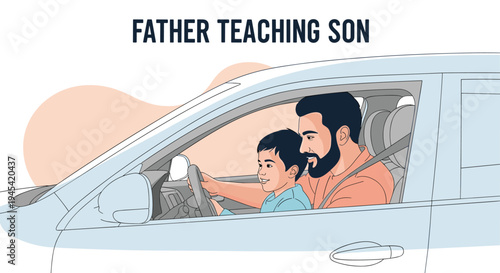 Patient father is teaching his young son the basics of driving a car while sitting together in the front seat for a lesson.