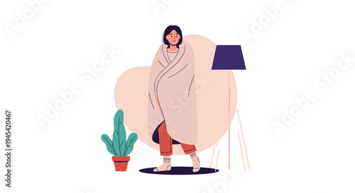 Relaxed woman wrapped warmly in a soft beige blanket is standing in her cozy living room near a lamp and plant.