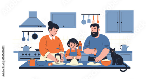 Happy family including father, mother, and child are working together in their kitchen making dough while their pet cat watches.