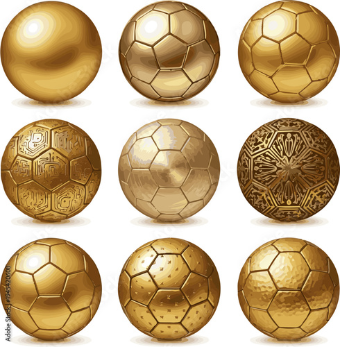 Create a realistic kinds of deferent Gold soccer ball vector art with white background..