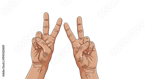 Pair of human hands raised high and showing the universal sign for peace, victory, or success against a white background.