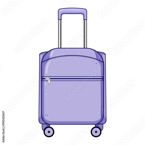 Purple carry on baggage with wheels and an extended telescopic handle, representing travel, holidays, adventure, and airport luggage for personal belongings