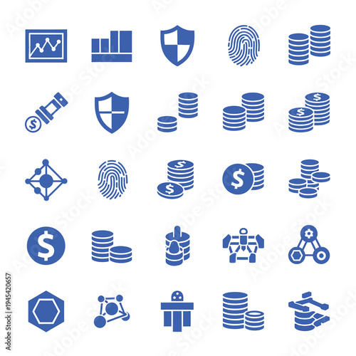 Blue business and finance icon set: growth, security, digital transactions, and robot