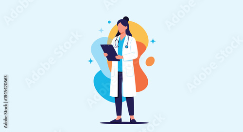 Professional female doctor wearing a white coat and stethoscope is holding a clipboard for patient records in a hospital setting.