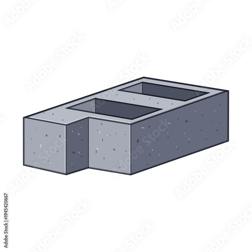 Gray concrete masonry unit with two hollow cores, viewed from an isometric perspective, representing essential components for construction and architectural projects