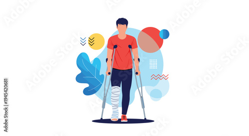 Brave man with a bandage on his injured leg is learning to walk using crutches during his medical rehabilitation process.