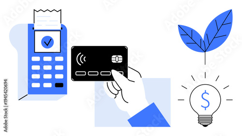Digital payments, contactless transactions, fintech innovation, sustainability, finance management, environment-friendly solutions. Hand holding card, payment terminal lightbulb leaf. Digital