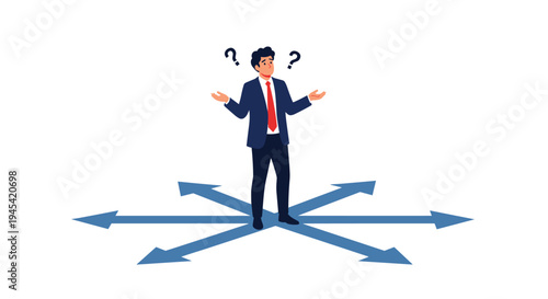 Thoughtful businessman in a suit is standing at a crossroads with multiple arrows, trying to make an important career decision.