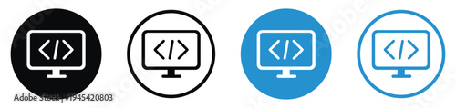 Vector set of computer monitor icons featuring a coding slash and brackets symbol. Clean, minimalist design in black and blue styles for web developers, software engineering, and IT tech.