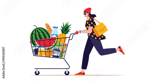 Stylish woman is running fast while pushing a shopping cart full of fresh fruits, vegetables, and groceries for her family.