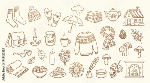 Cozy autumn and winter lifestyle icons, including clothing, accessories, food, and home decor, evoking a sense of warmth and comfort in a rustic, natural setting with earthy tones.