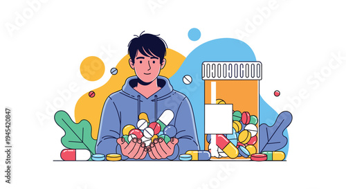 Young man holding a large variety of colorful medical pills and capsules in his hands next to a full plastic medicine bottle.