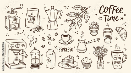 A collection of coffee related items and doodles including coffee makers, cups, beans, and pastries in a hand drawn style on a beige background with text.