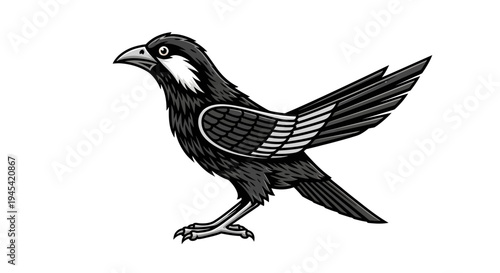 Vintage Stylized Black Bird Illustration with White Markings in Classic Engraving Art Style - Side View Emblem Design