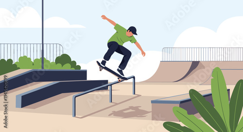 Skateboarder performs a professional rail grind trick at an outdoor skatepark under a bright clear sky during a sunny day.