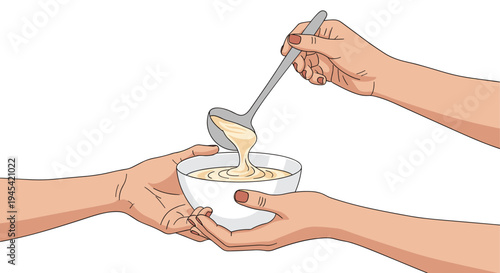 Person uses a ladle to serve warm creamy soup into a white bowl held by another individual in a gesture of kindness and care.