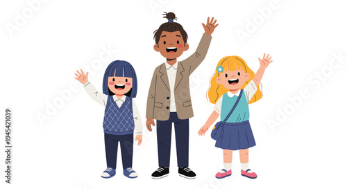 Group of three diverse happy children wearing school uniforms wave their hands cheerfully against a plain white background.