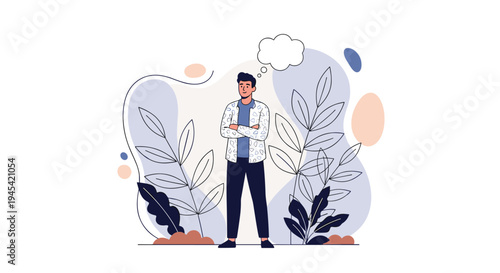 Confident young man stands with crossed arms against an abstract floral background while thinking deeply with a thought bubble.