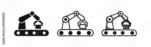 Industrial Robotic Arm Icon Set with Conveyor Belt