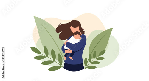 Loving mother embraces her young child tightly in a warm hug surrounded by large green leaves representing growth and protection.