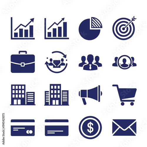 Business and commerce icon set: graphs, investments, shopping, and communication in dark blue, shopping cart, credit card