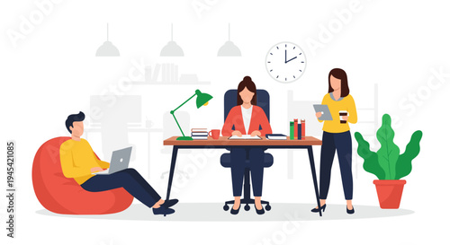 Diverse group of professionals work together in a modern creative office space with one person using a laptop on a bean bag.