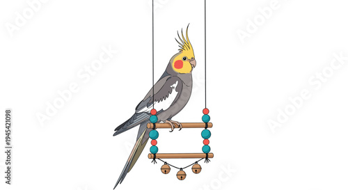 Beautiful cockatiel parrot sits calmly on a decorative wooden swing with colorful beads and small bells inside its bird cage.