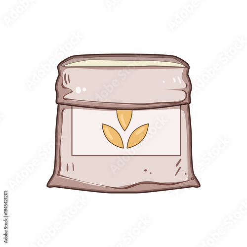 Rustic burlap sack filled with staple grains and flour, labeled with three stylized kernels to evoke organic harvest, farming, and cooking essentials on white background