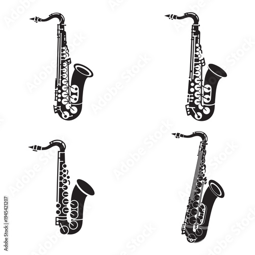 Four black saxophone instruments arranged on a white background a striking silhouette high-quality professional detailed