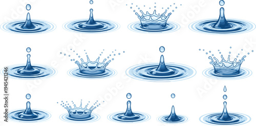 Realistic Water Drop Impact and Splash Set with Crown and Ripple Effects in Blue for Liquid Dynamics Illustrations