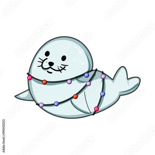 Adorable baby seal swimming, happy with festive string lights wrapped around its body, creating a cheerful and heartwarming winter holiday illustration