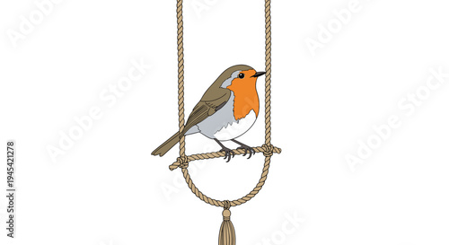 European robin bird with a bright orange chest is perched delicately on a hanging rope swing against a clean white background.