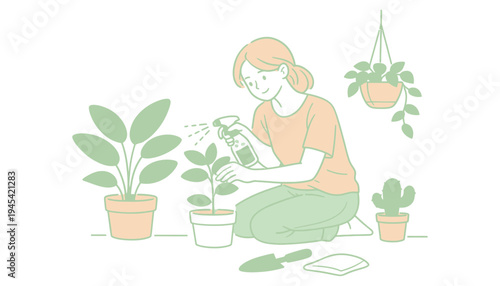 A woman watering plants in a serene indoor garden setting with potted plants