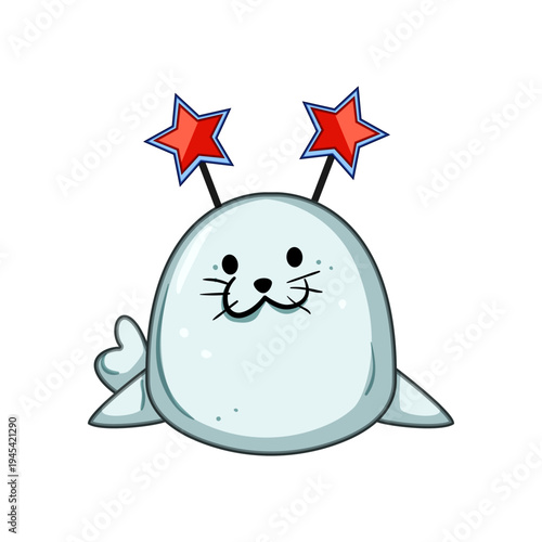 Cute cartoon seal pup celebrating with a playful red and blue star headband, presenting a charming and cheerful character perfect for various holiday and celebration themed projects