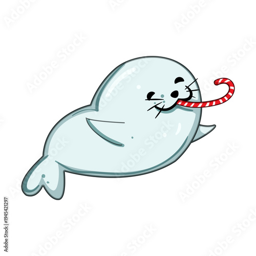Baby seal cartoon character happily eating a delicious striped candy cane, celebrating winter holidays and spreading joy with a sweet treat and a cheerful mood