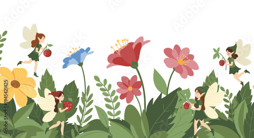 Magical tiny fairies with wings fly among oversized colorful flowers and green leaves while gathering small red berries in a forest.